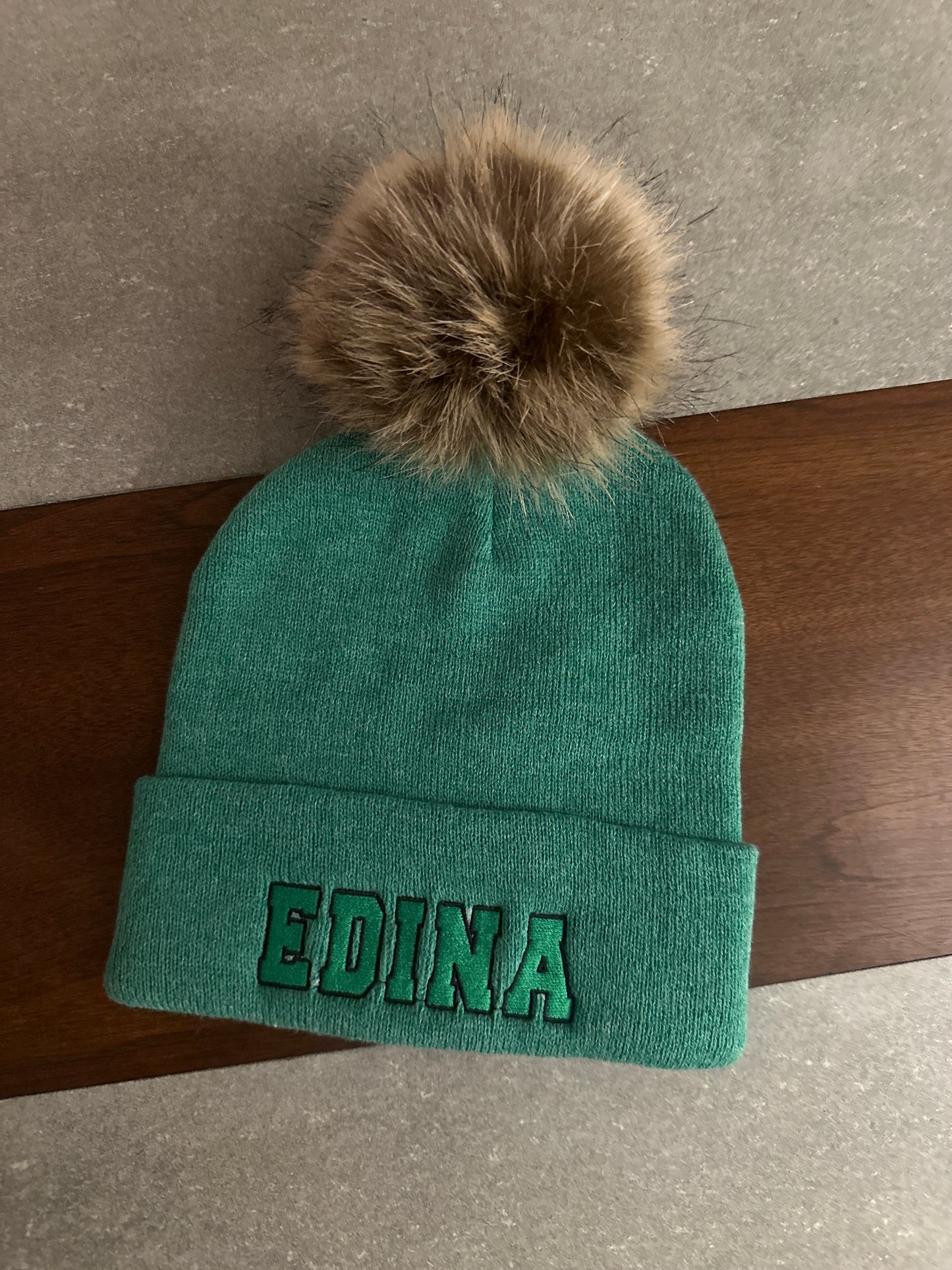 Green Edina hat w Large Faux Fur Pom