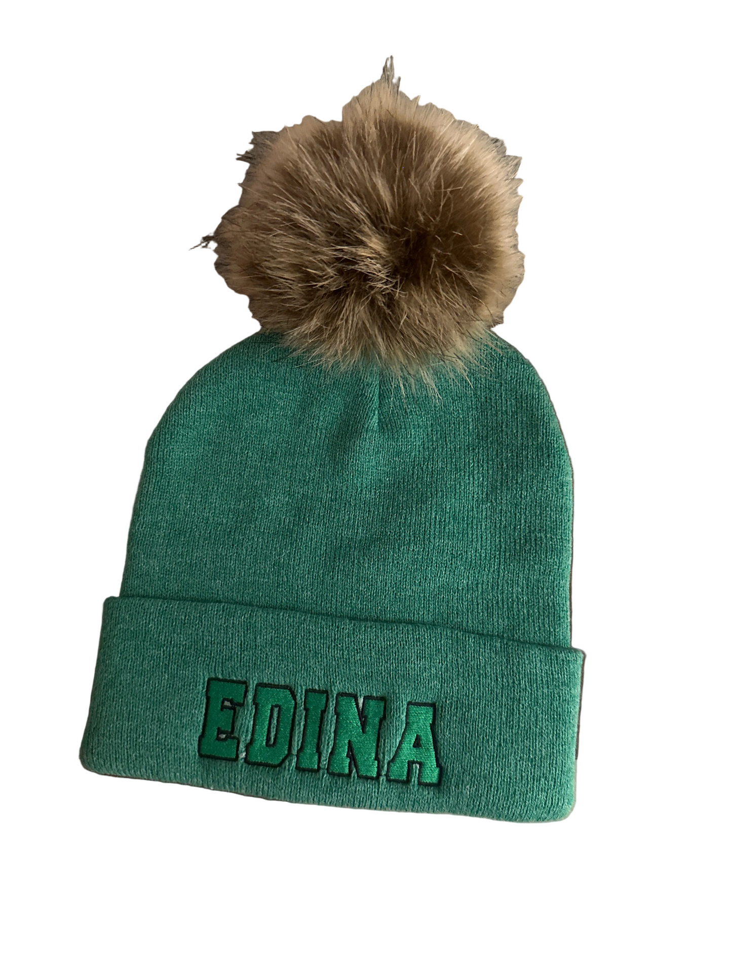 Green Edina hat w Large Faux Fur Pom