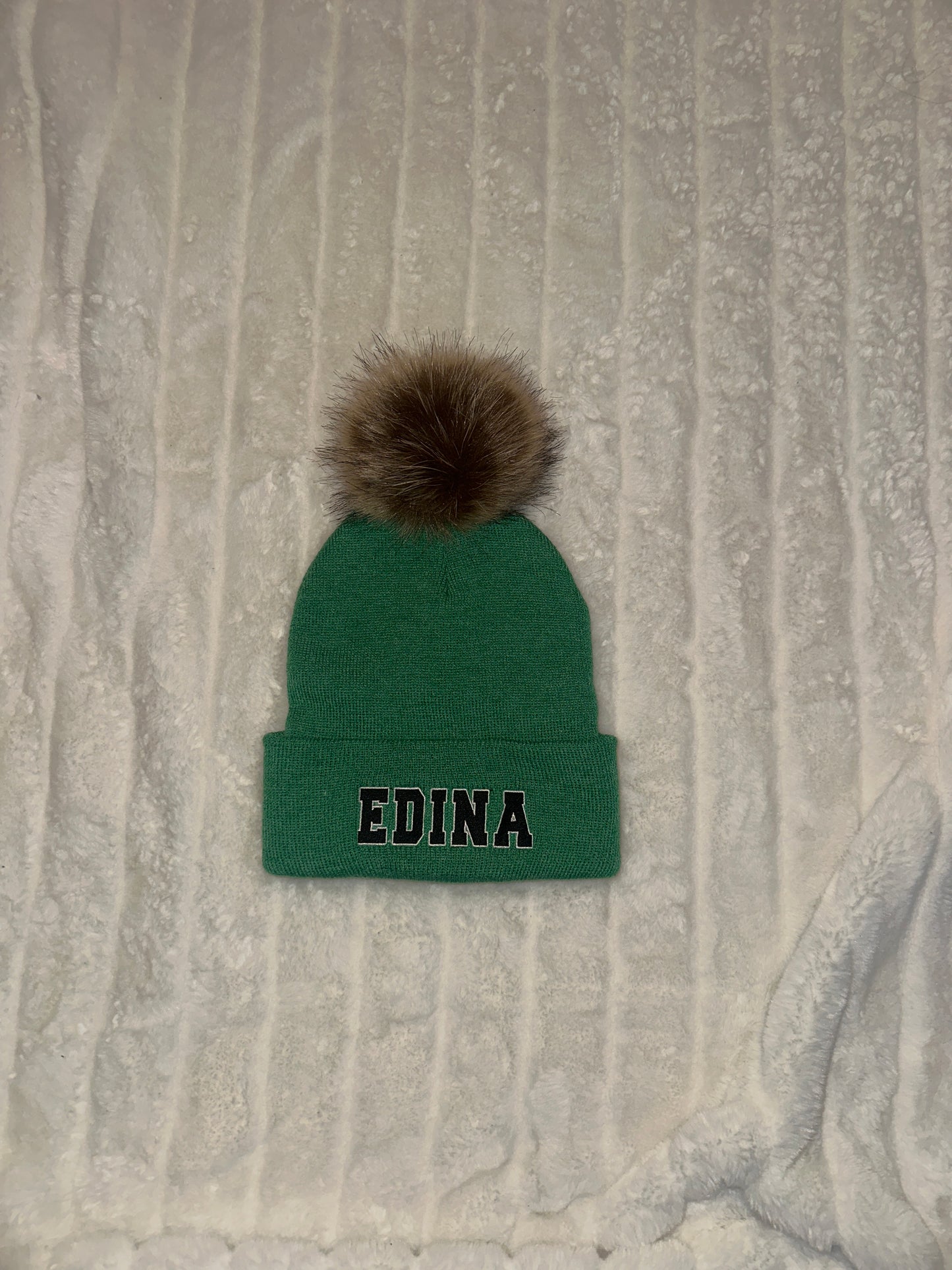 Edina Green Hat w Large Faux Fur Pom