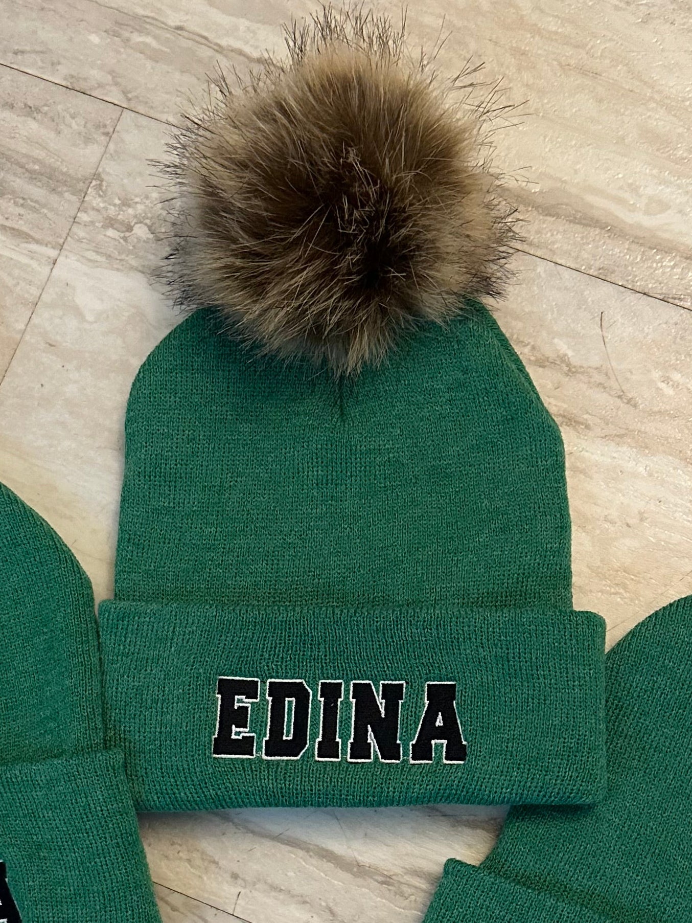 Green Edina Hat w Large Faux Fur Pom