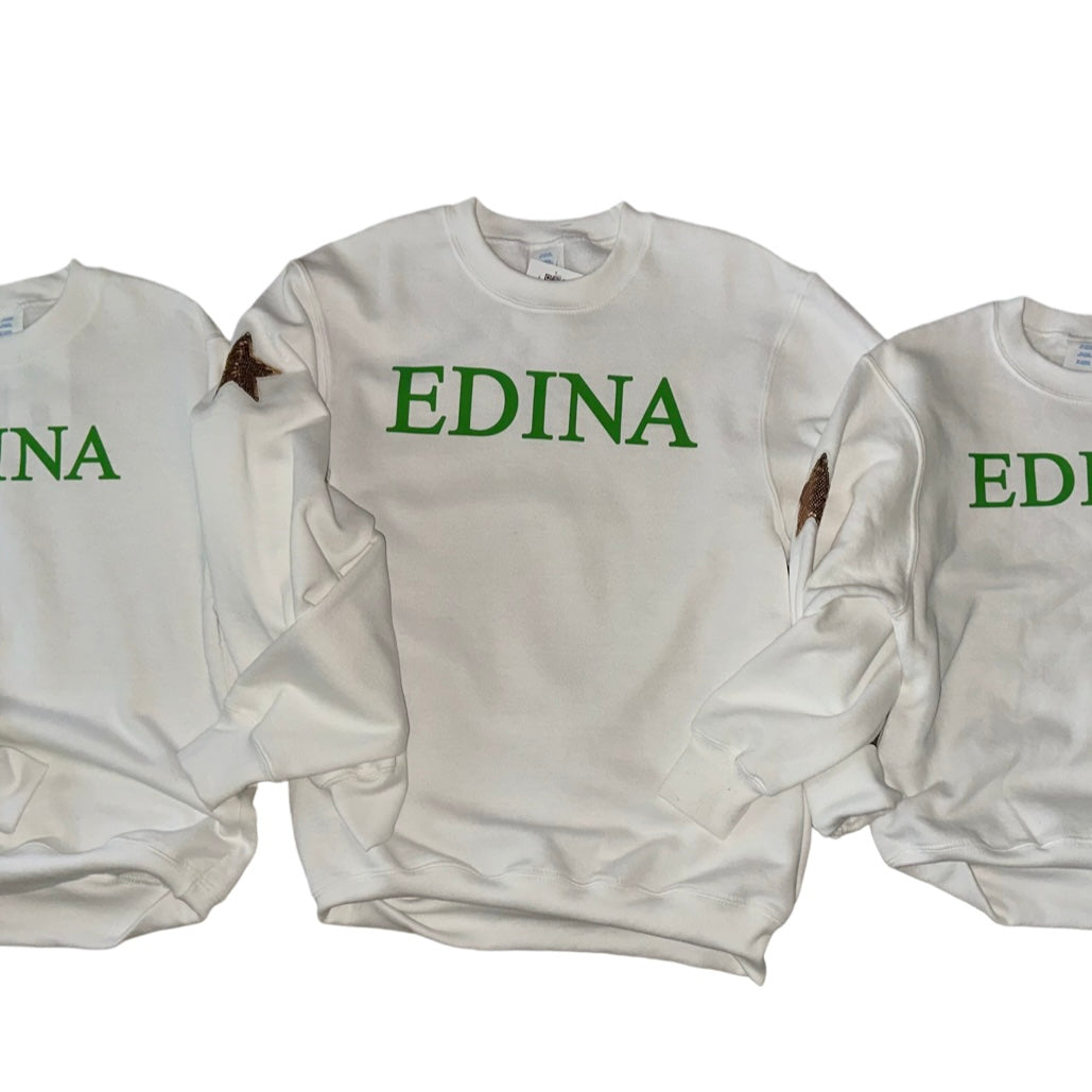 Youth + Adult White Crewneck w glittery gold star on sleeve