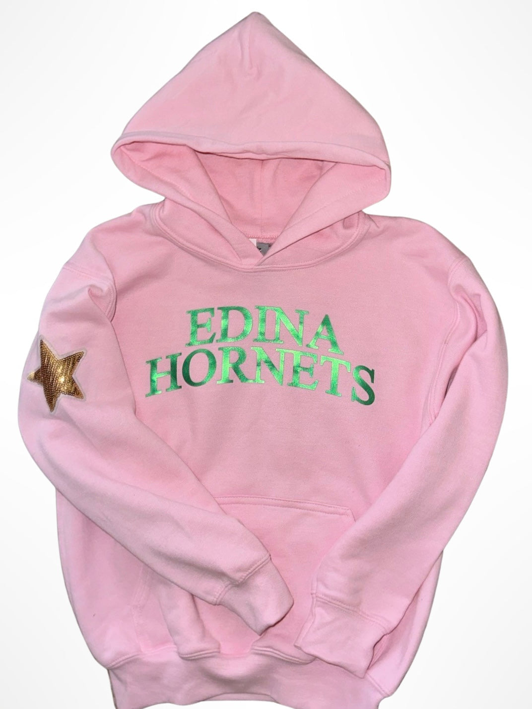 Youth light pink hoody - metallic EDINA HORNETS w glittery gold star