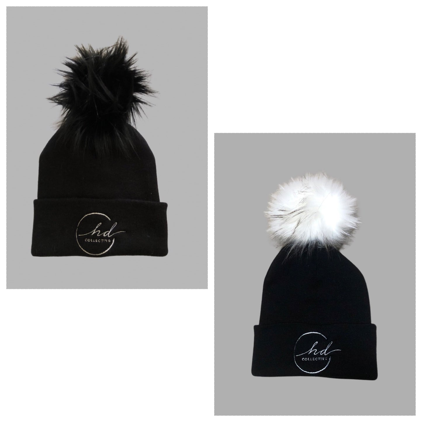 HD Black Hat w White Lg Pom or Black Lg Pom