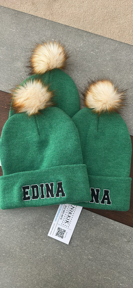 Green Edina Hat w Small Faux Fox Pom