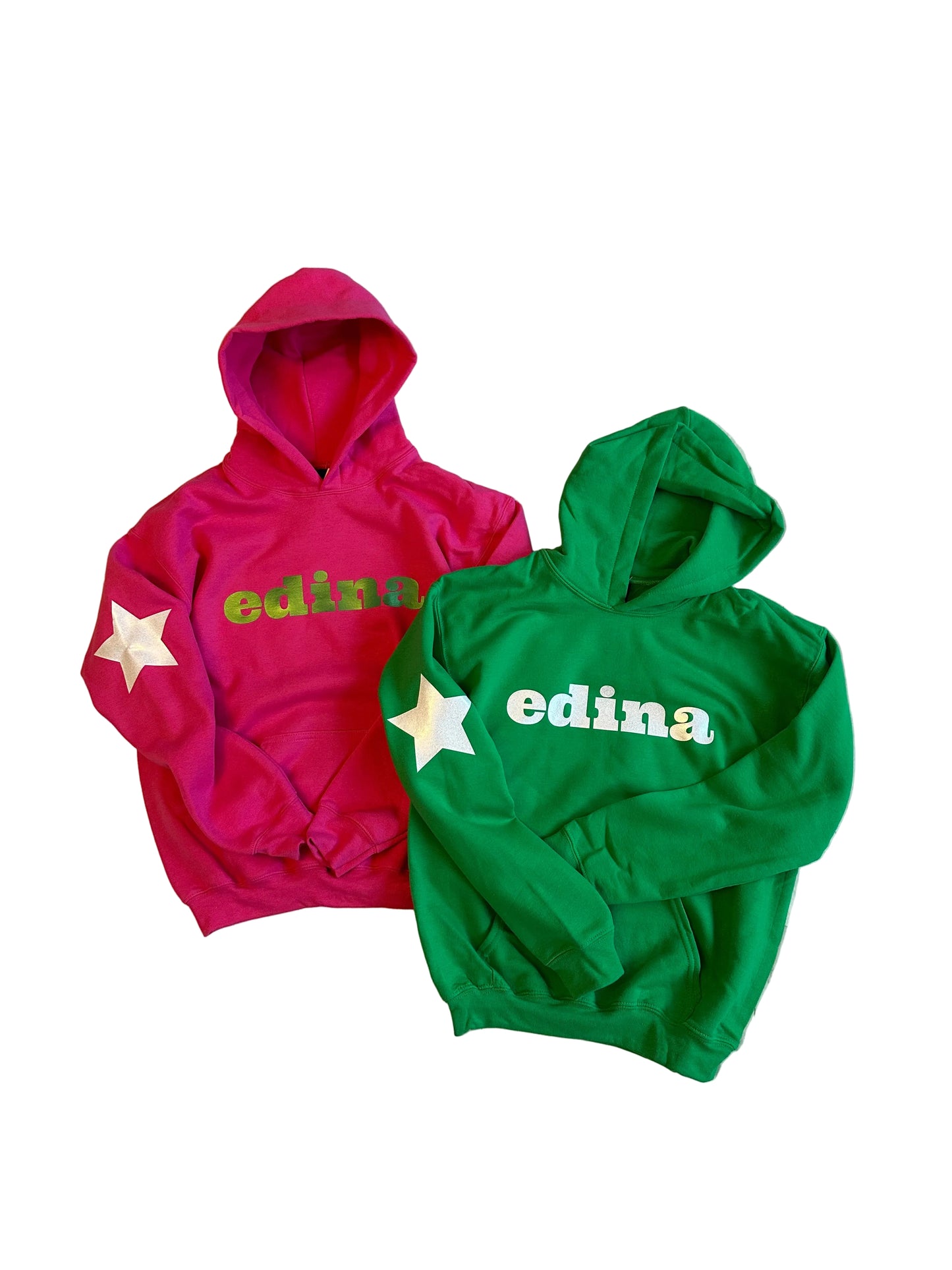 Pink or Green Hoody Youth + Adult Shiny Edina + Star on Sleeve