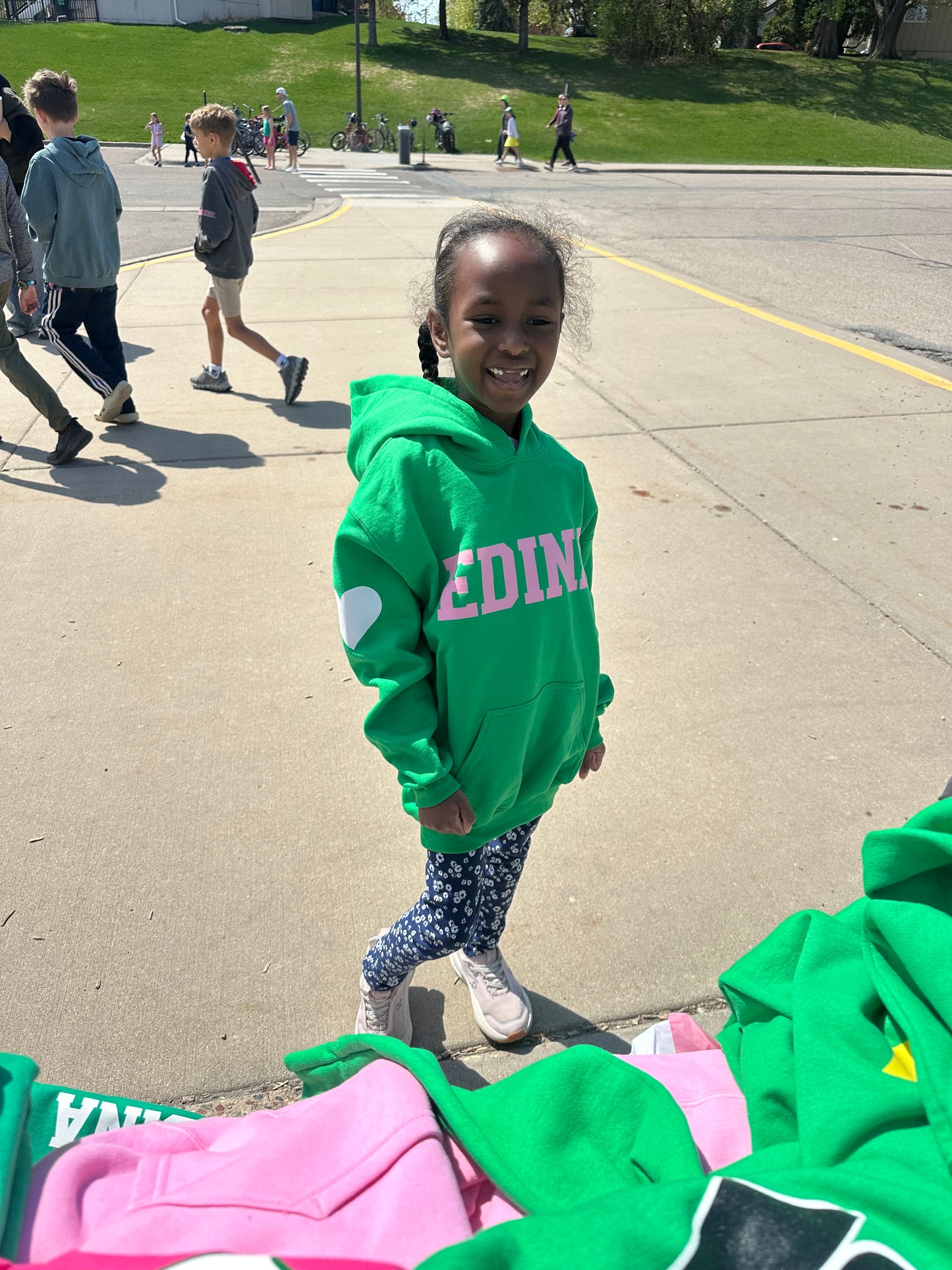 Pink Edina Green Hoody w heart on sleeve Youth + Adult