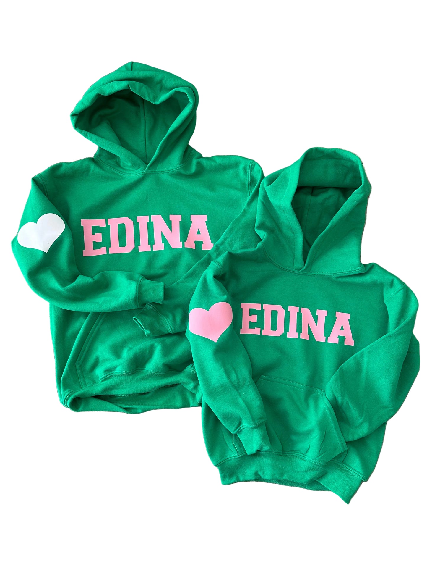 Pink Edina Green Hoody w heart on sleeve Youth + Adult
