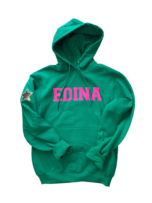 Hot Pink Edina Green Adult Hoody w Gold sparkly star on sleeve