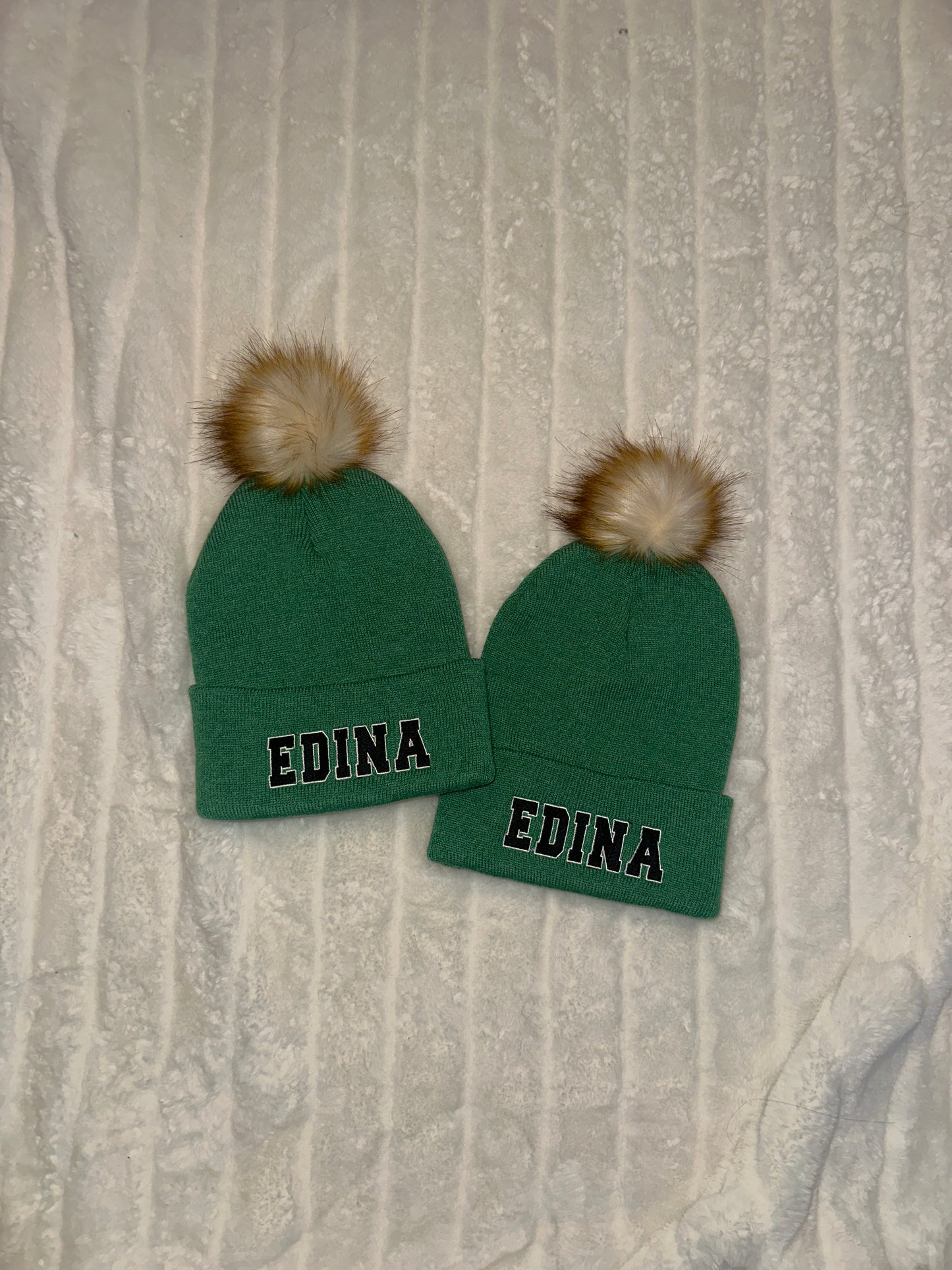 Green Edina Hat w Small Faux Fox Pom